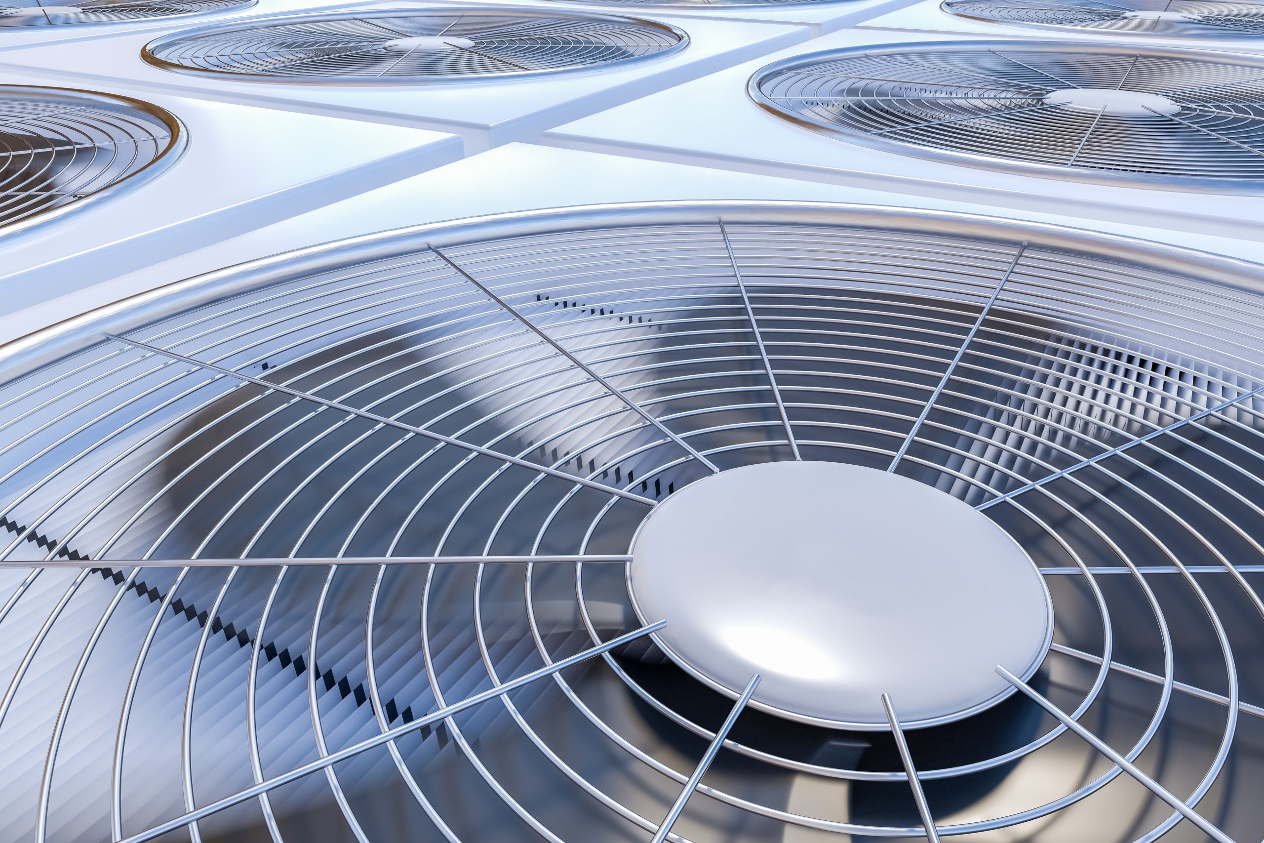 Close up view on HVAC units (heating, ventilation and air conditioning). 3D rendered illustration.